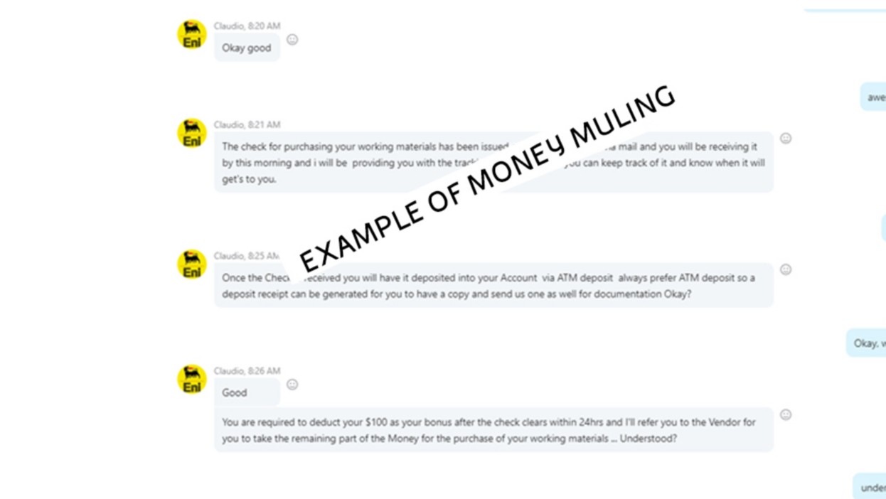 Screenshot of chats discussing fraudulent money transfers